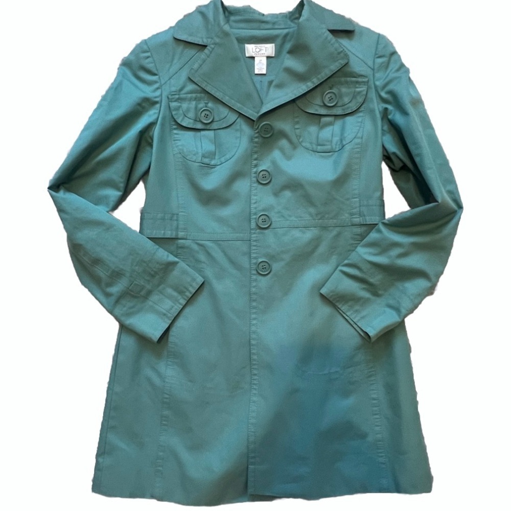 Ann Taylor LOFT Teal Trench Coat w Notched Lapel and Fitted Silhouette Like New! - Picture 5 of 10